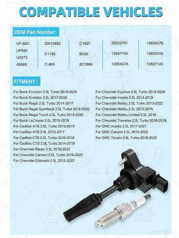 مجموعة من 4 ملفات إشعال UF680 (2.0 لتر 2.5 لتر) لسيارة Buick Envision Regal، لسيارة Cadillac ATS CTS، لسيارة Chevy Camaro Colorado Impala Malibu، لسيارة GMC Acadia Canyon Terrain، استبدل # 12627120 5C1884 in Saudi Arabia
