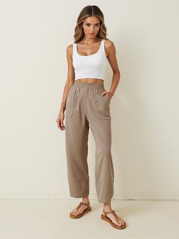 Women's Casual Baggy Wide Leg Pants with Elastic Waist & Pockets in Saudi Arabia