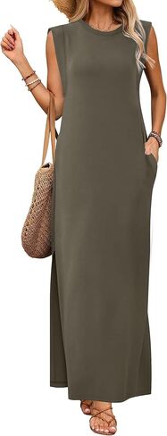 فساتين ماكسي للنساء برقبة دائرية بدون أكمام كاجوال فضفاض وفتحة طويلة للشاطئ فستان صيفي 2025 مع جيوب in Kuwait