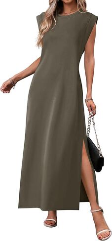 فساتين ماكسي للنساء برقبة دائرية بدون أكمام كاجوال فضفاض وفتحة طويلة للشاطئ فستان صيفي 2025 مع جيوب in Kuwait