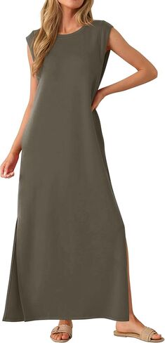 فساتين ماكسي للنساء برقبة دائرية بدون أكمام كاجوال فضفاض وفتحة طويلة للشاطئ فستان صيفي 2025 مع جيوب in Kuwait