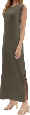 فساتين ماكسي للنساء برقبة دائرية بدون أكمام كاجوال فضفاض وفتحة طويلة للشاطئ فستان صيفي 2025 مع جيوب in Kuwait