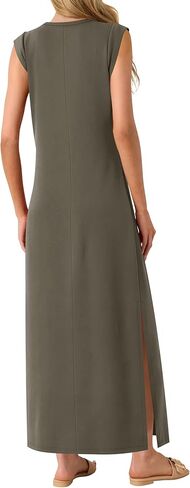 فساتين ماكسي للنساء برقبة دائرية بدون أكمام كاجوال فضفاض وفتحة طويلة للشاطئ فستان صيفي 2025 مع جيوب in Kuwait