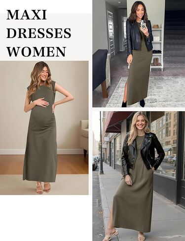 فساتين ماكسي للنساء برقبة دائرية بدون أكمام كاجوال فضفاض وفتحة طويلة للشاطئ فستان صيفي 2025 مع جيوب in Kuwait