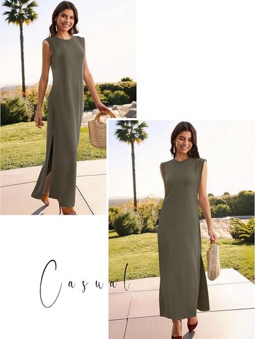 فساتين ماكسي للنساء برقبة دائرية بدون أكمام كاجوال فضفاض وفتحة طويلة للشاطئ فستان صيفي 2025 مع جيوب in Kuwait