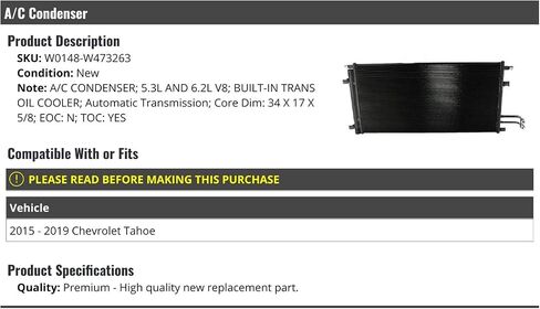 A/C Condenser with Trans Cooler - Compatible 2015-2019 Chevy Tahoe 5.3L 6.2L V8 Automatic Transmission in Saudi Arabia
