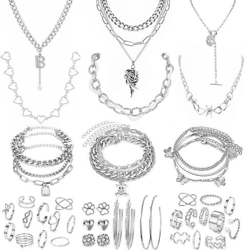 Gold plate and Silver Plated Jewelry Sets for Women Costume Jewelry Chain Necklace Bracelet Earrings and Rings Sets for Women in Saudi Arabia
