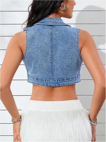 WDIRARA Women's Button Down Denim Vest Sleeveless Collared Crop Tank Top Western Jean Tops in Saudi Arabia