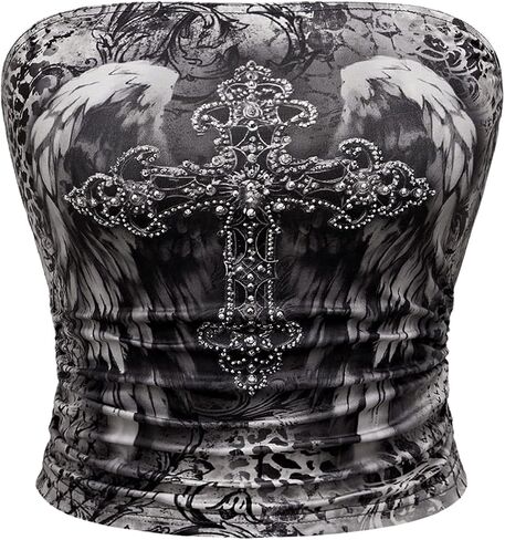 SHENHE Women's Strapless Rhinestone Cross Print Goth Punk Y2k Ruched Crop Tube Top in Saudi Arabia