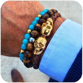 Tiger Eye Bracelet for Men Link Handmade Natural Onyx Tiger Eye Stone Beads Stretch Adjustable Black Crystal Beaded Bracelet for Men Women Halloween Gifts in Saudi Arabia