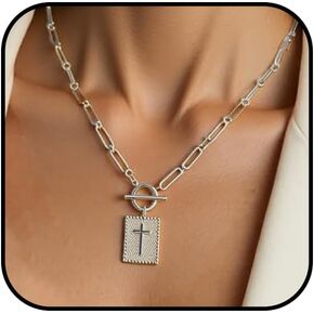 Chunky Cross Paperclip Necklace for Women Gold Silver Cross Toggle Clasp Necklace Trendy Statement Rectangle Necklace Religious Jewelry Gift for Christian Faith in Kuwait