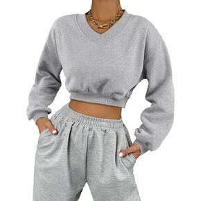 LovelyWholesale Womens Cropped Sweatshirt V Neck Long Sleeve Crop Tops Pullover in Saudi Arabia