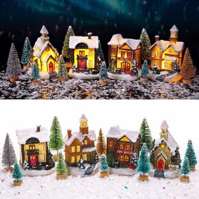 15 Pcs Christmas Village Accessories Set 4 Led Lighted Christmas Village Houses 10 Frosted Trees 3.5 oz Fake Snow for Christmas Village Collection Tabletop Mantel Shelf Indoor Room Decor (Elegant) in Kuwait