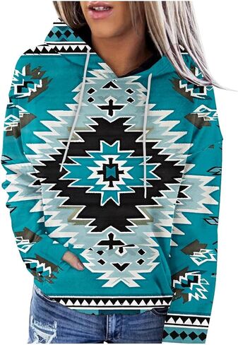Women's Western Aztec Ethnic Style Hoodies Sweatshirts Casual Western Cowgirl Rhombus Printed Pullover Tops in Kuwait