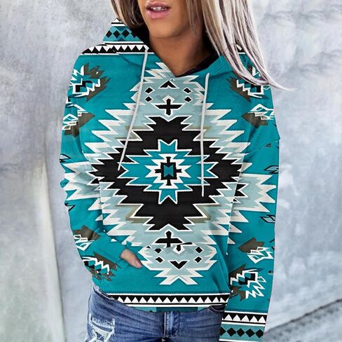 Women's Western Aztec Ethnic Style Hoodies Sweatshirts Casual Western Cowgirl Rhombus Printed Pullover Tops in Kuwait
