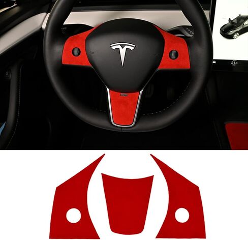 Steering Wheel Panel for Tesla Model 3 2017-2023 Model Y 2020-2023 Italian Suede Interior Sticker Trim Cover Red in Saudi Arabia