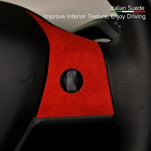 Steering Wheel Panel for Tesla Model 3 2017-2023 Model Y 2020-2023 Italian Suede Interior Sticker Trim Cover Red in Saudi Arabia