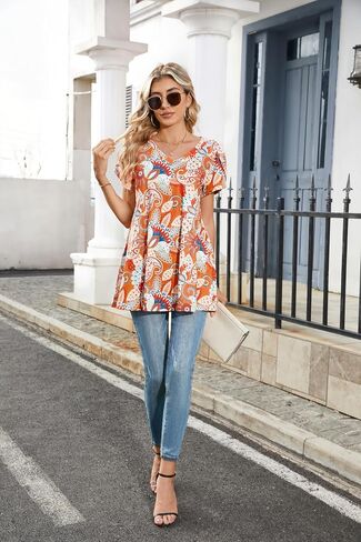 ENMAIN Womens Tunics Tops Plus Size Short Sleeve Swing Blouses Loose Fit Dressy Casual Summer Shirts to Wear with Leggings in Saudi Arabia