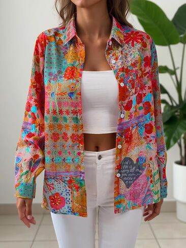 Button Down Shirts for Women Floral Printed Long Sleeve Dressy Casual Blouse Hawaiian Work Tops Boho Shirts in Saudi Arabia