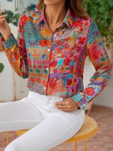 Button Down Shirts for Women Floral Printed Long Sleeve Dressy Casual Blouse Hawaiian Work Tops Boho Shirts in Saudi Arabia