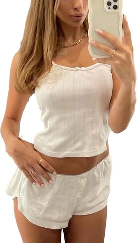 Womens 2 Piece Pajamas Sets Y2k Cute Sleeveless Cami Tops and Shorts Matching Lounge Set Sleepwear in Saudi Arabia