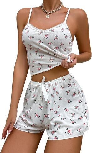 Womens 2 Piece Pajamas Sets Y2k Cute Sleeveless Cami Tops and Shorts Matching Lounge Set Sleepwear in Saudi Arabia