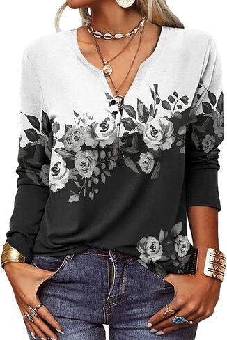 Womens Boho Floral Shirts Short/Long Sleeve Casual Blouses Ethnic V Neck Button Tops Tunics to Wear with Leggings in Saudi Arabia