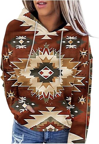 Women's Western Aztec Ethnic Style Hoodies Sweatshirts Casual Western Cowgirl Rhombus Printed Pullover Tops in Kuwait