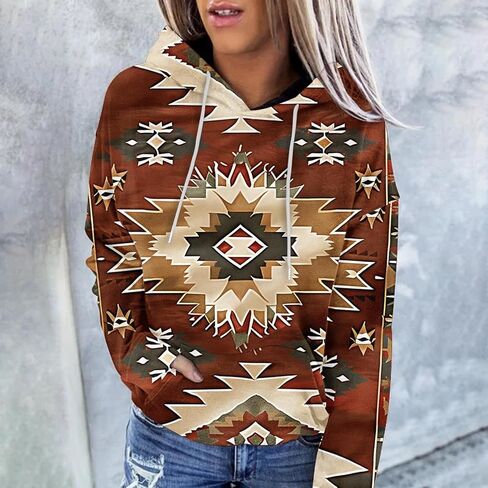 Women's Western Aztec Ethnic Style Hoodies Sweatshirts Casual Western Cowgirl Rhombus Printed Pullover Tops in Kuwait