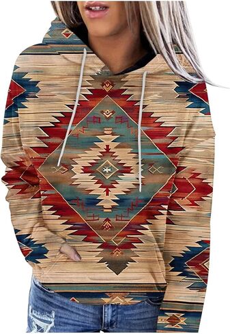 Women's Western Aztec Ethnic Style Hoodies Sweatshirts Casual Western Cowgirl Rhombus Printed Pullover Tops in Kuwait