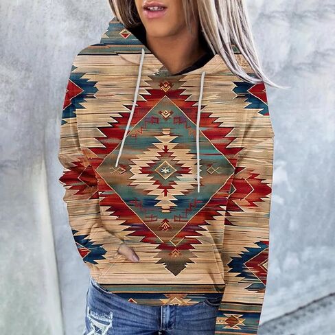 Women's Western Aztec Ethnic Style Hoodies Sweatshirts Casual Western Cowgirl Rhombus Printed Pullover Tops in Kuwait
