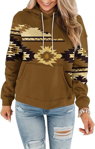 Women's Western Aztec Ethnic Style Hoodies Sweatshirts Casual Western Cowgirl Rhombus Printed Pullover Tops in Kuwait