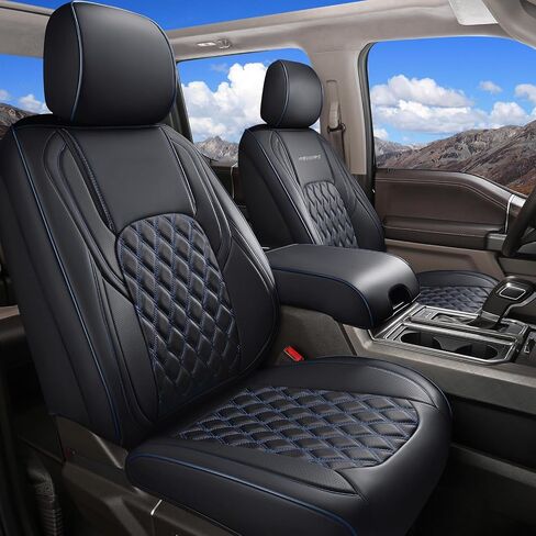 أغطية مقاعد Huidasource لسيارة Ford Ranger 2019-2024، غطاء مقعد أمامي وخلفي كامل لسيارة Ranger XL XLT Lariat، أغطية مقاعد جلدية كاملة التغطية (مجموعة كاملة/أسود وأزرق) in Kuwait