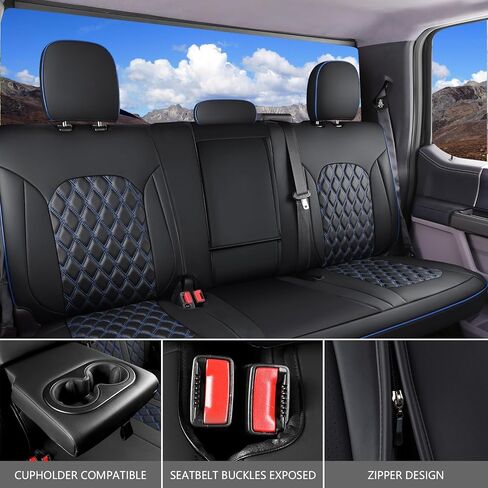 أغطية مقاعد Huidasource لسيارة Ford Ranger 2019-2024، غطاء مقعد أمامي وخلفي كامل لسيارة Ranger XL XLT Lariat، أغطية مقاعد جلدية كاملة التغطية (مجموعة كاملة/أسود وأزرق) in Kuwait