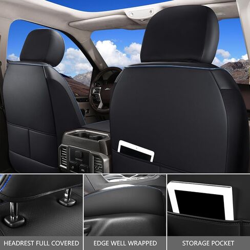أغطية مقاعد Huidasource لسيارة Ford Ranger 2019-2024، غطاء مقعد أمامي وخلفي كامل لسيارة Ranger XL XLT Lariat، أغطية مقاعد جلدية كاملة التغطية (مجموعة كاملة/أسود وأزرق) in Kuwait
