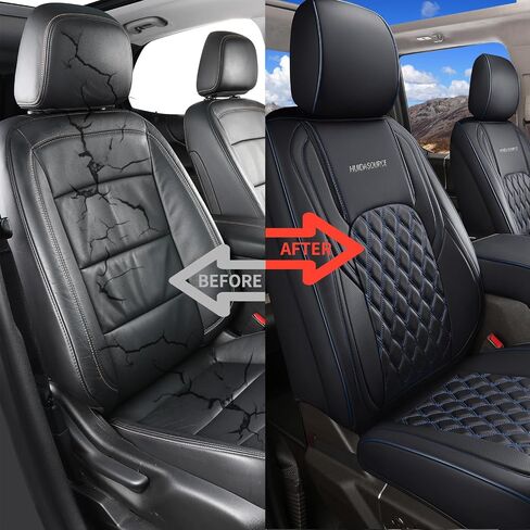 أغطية مقاعد Huidasource لسيارة Ford Ranger 2019-2024، غطاء مقعد أمامي وخلفي كامل لسيارة Ranger XL XLT Lariat، أغطية مقاعد جلدية كاملة التغطية (مجموعة كاملة/أسود وأزرق) in Kuwait