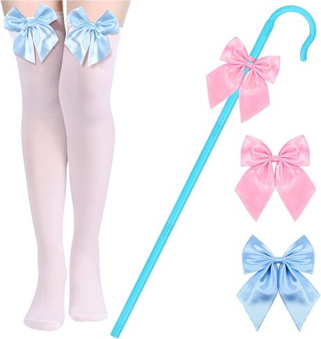 4 Pcs Shepherdess Costume Set Include Staff,Socks,Pink and Blue Bowties for Women Halloween Party Dress Up in Kuwait