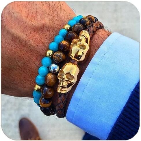 Tiger Eye Bracelet for Men Link Handmade Natural Onyx Tiger Eye Stone Beads Stretch Adjustable Black Crystal Beaded Bracelet for Men Women Halloween Gifts in Saudi Arabia
