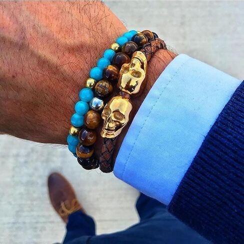Tiger Eye Bracelet for Men Link Handmade Natural Onyx Tiger Eye Stone Beads Stretch Adjustable Black Crystal Beaded Bracelet for Men Women Halloween Gifts in Saudi Arabia
