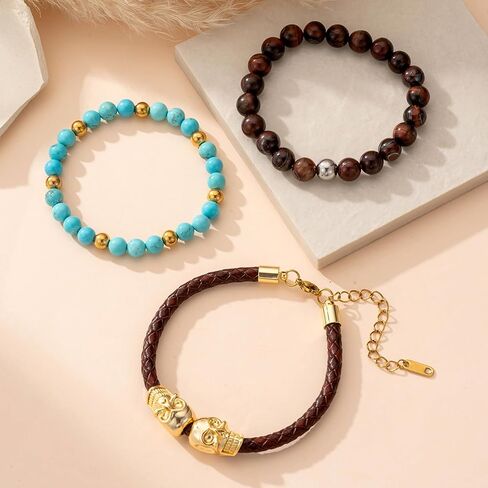 Tiger Eye Bracelet for Men Link Handmade Natural Onyx Tiger Eye Stone Beads Stretch Adjustable Black Crystal Beaded Bracelet for Men Women Halloween Gifts in Saudi Arabia