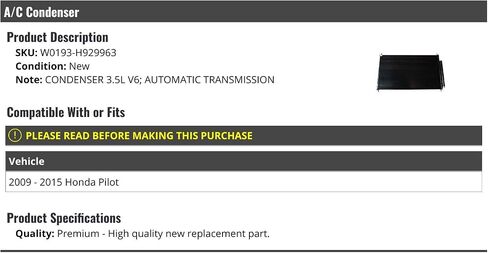 A/C Condenser - Compatible with 2009-2015 Honda Pilot 3.5L V6 Automatic Transmission in Saudi Arabia