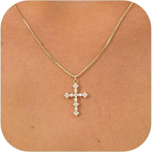 Cross Necklace for Women - 14K Gold/White Gold Plated Simple Dainty Diamond Cross Pendant Necklace with Cubic Zirconia Jewelry Gift For Her in Saudi Arabia