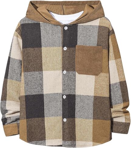 OYOANGLE Boy's Plaid Checkered Button Down Jacket Pocket Patched Long Sleeve Hooded Coats in Saudi Arabia