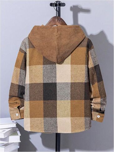 OYOANGLE Boy's Plaid Checkered Button Down Jacket Pocket Patched Long Sleeve Hooded Coats in Saudi Arabia