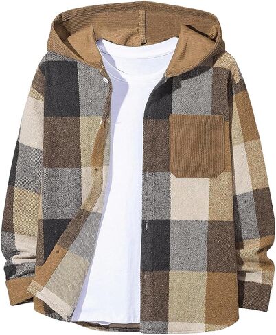 OYOANGLE Boy's Plaid Checkered Button Down Jacket Pocket Patched Long Sleeve Hooded Coats in Saudi Arabia