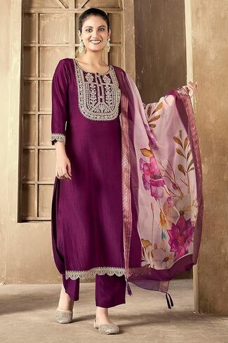 مجموعة كورتا للسيدات من DREAMANGEL FASHION، ملابس حفلات على الطراز الهندي، بنطال كورتا مستقيم مطرز مع وشاح in Kuwait