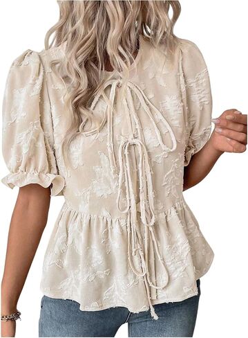 SweatyRocks Women's Bow Tie Front Blouses Ruffle Half Sleeve V Neck Textured Peplum Tops in Saudi Arabia