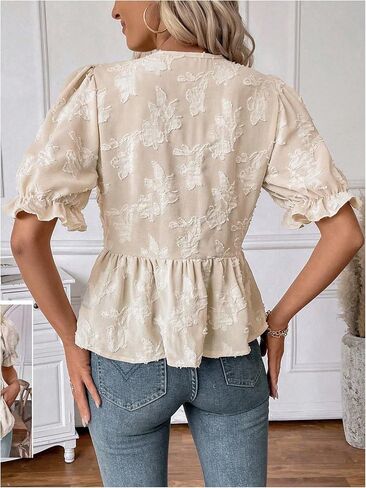SweatyRocks Women's Bow Tie Front Blouses Ruffle Half Sleeve V Neck Textured Peplum Tops in Saudi Arabia