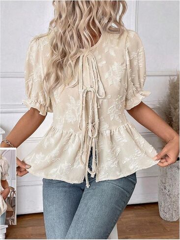 SweatyRocks Women's Bow Tie Front Blouses Ruffle Half Sleeve V Neck Textured Peplum Tops in Saudi Arabia