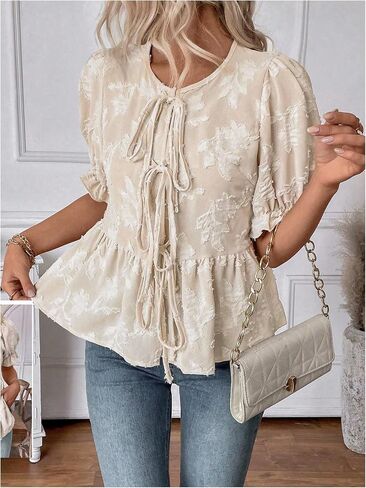 SweatyRocks Women's Bow Tie Front Blouses Ruffle Half Sleeve V Neck Textured Peplum Tops in Saudi Arabia